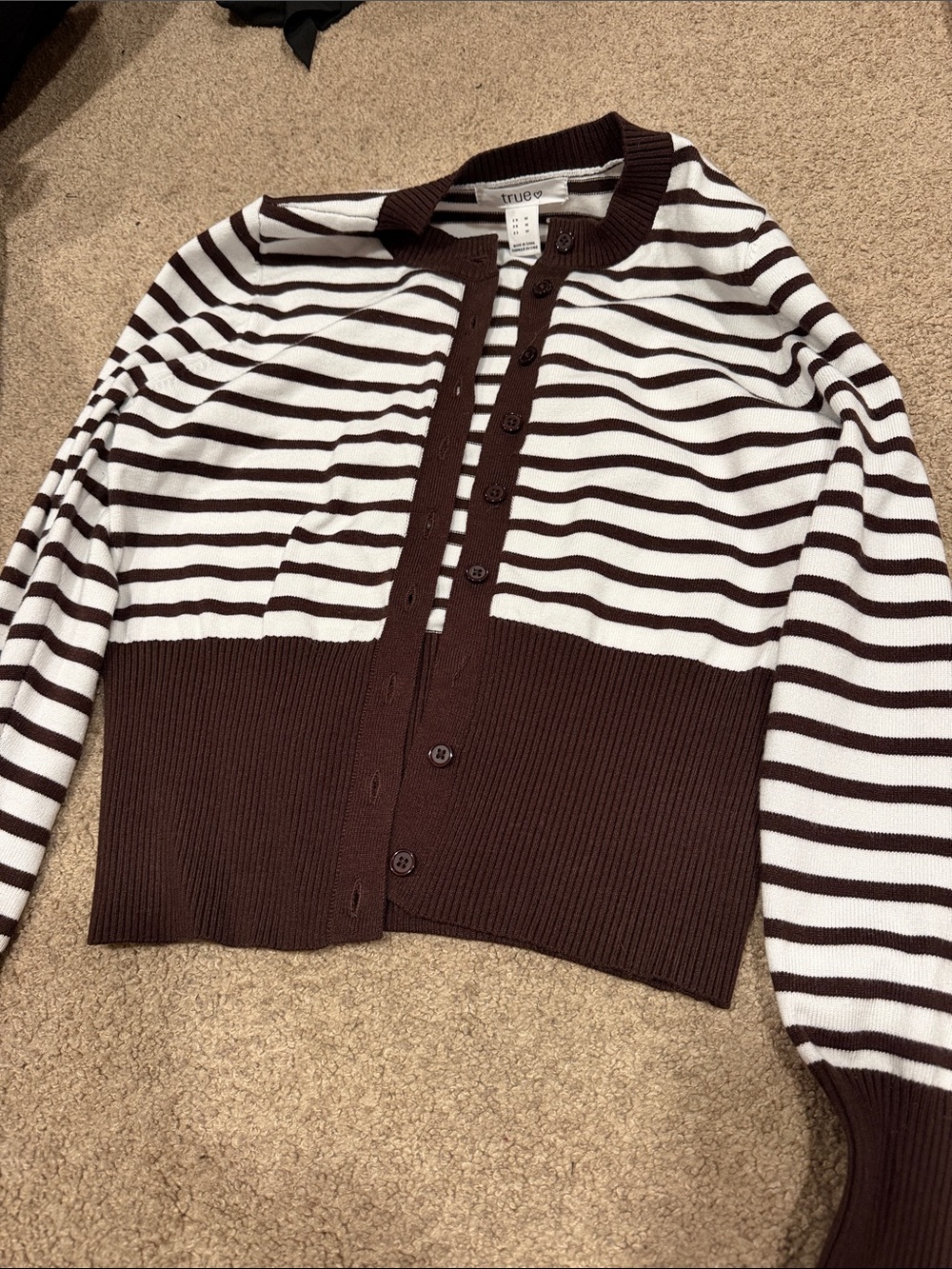 Vintage-Inspired Brown & White Striped Button-Front Cardigan